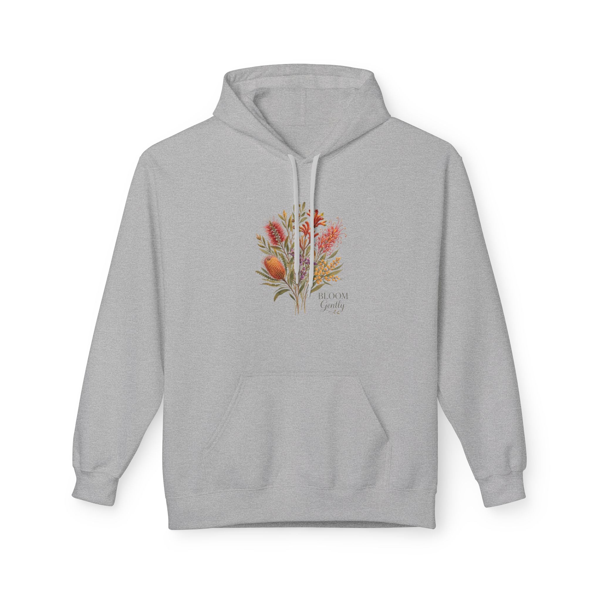 Sport grey hoodie with floral bouquet graphic on chest, drawstring hood, kangaroo pocket