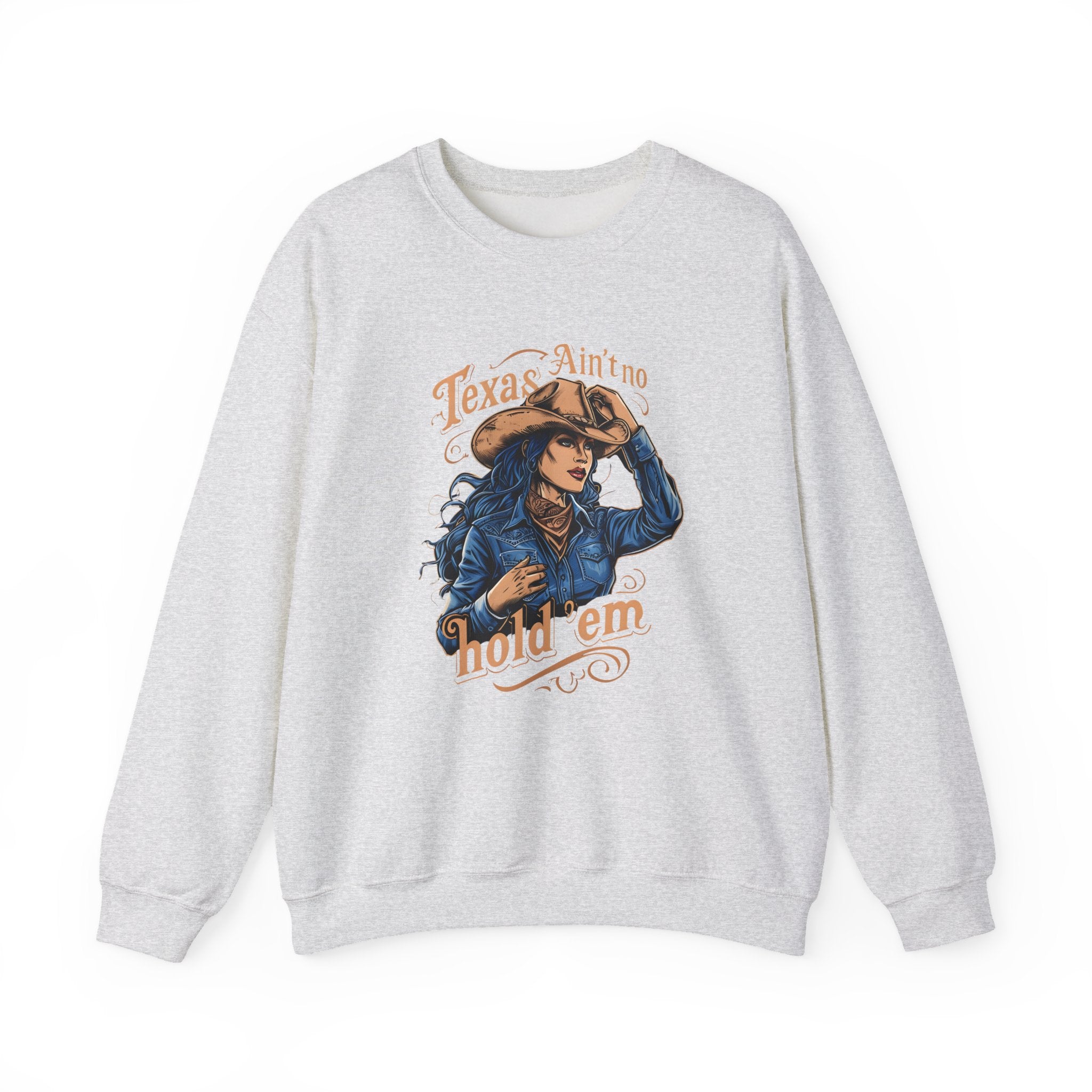 Light gray crewneck sweatshirt with western cowgirl graphic on front