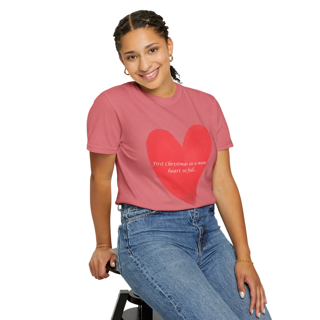 Pink crewneck T-shirt with red heart print and 'First Christmas as a mum' script