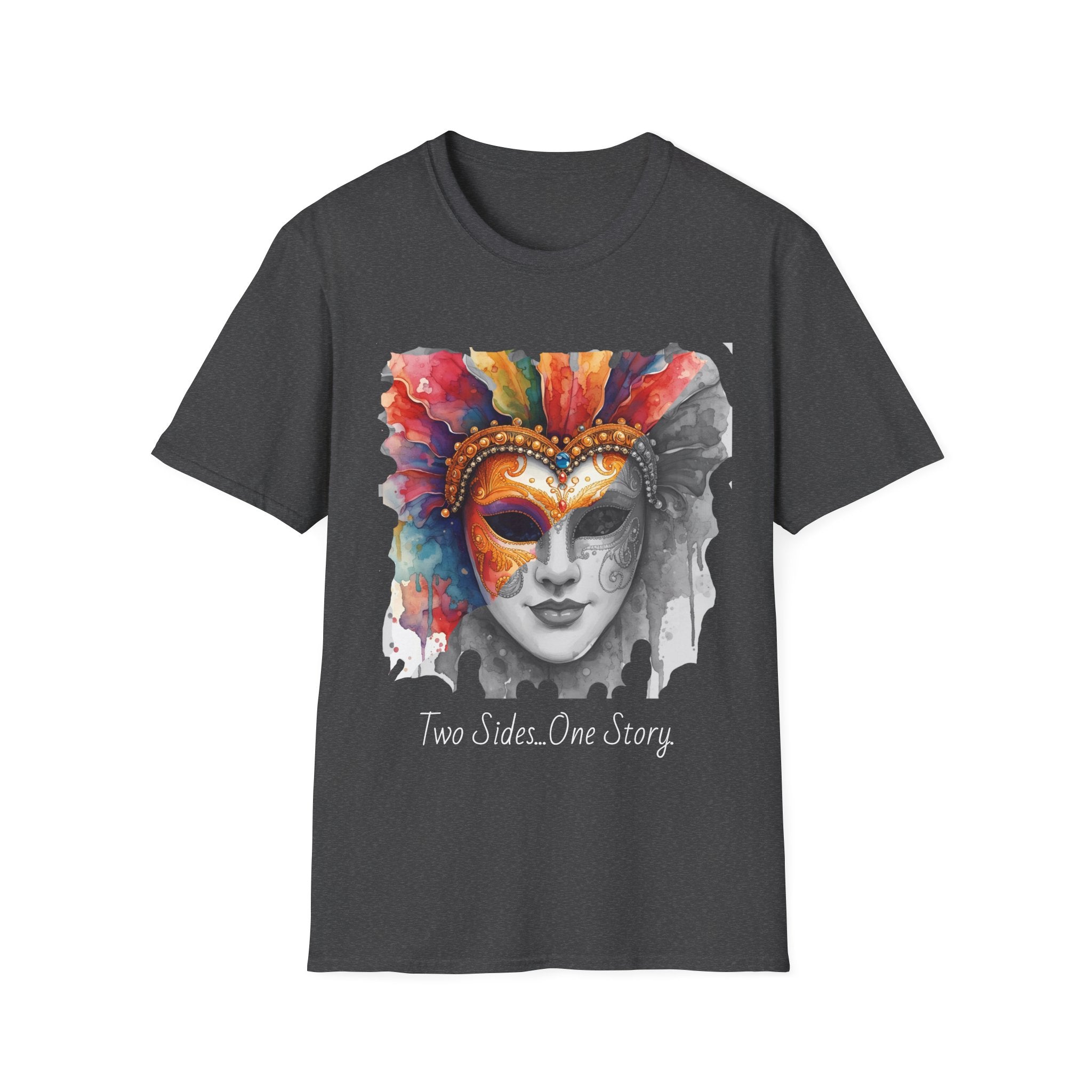 Charcoal dark face T-shirt with watercolor masquerade mask graphic and “Two Sides…One Story”
