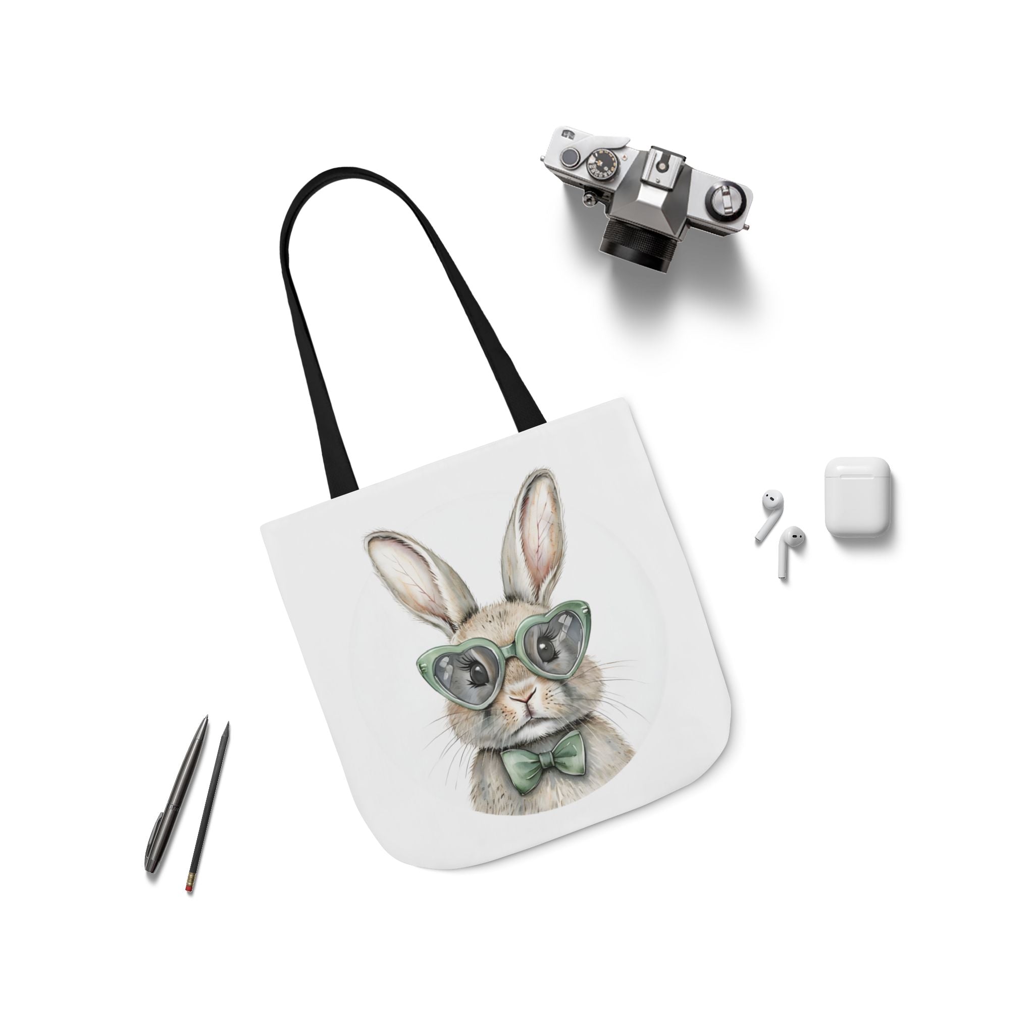 Canvas tote bag with bunny face print and black shoulder strap