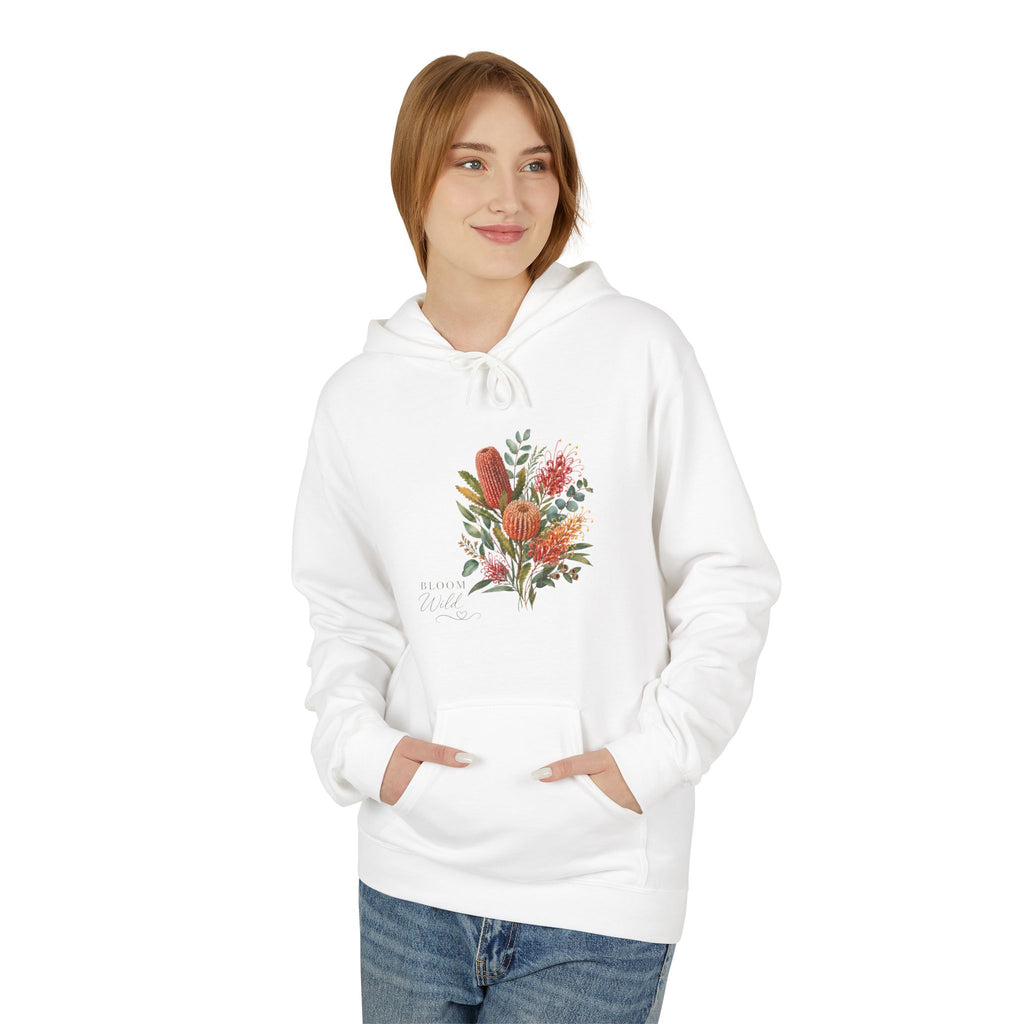 White floral bouquet hoodie on model, front watercolor wildflower graphic on chest