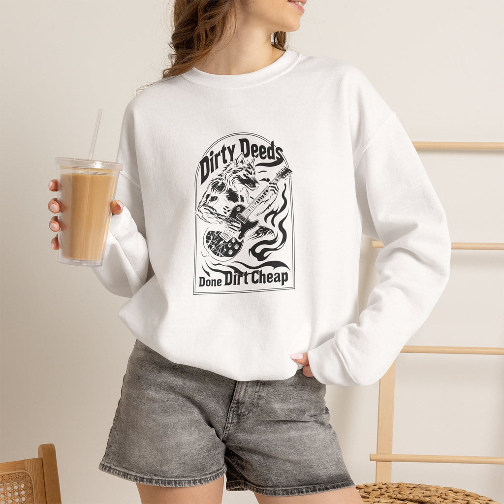 Crewneck Sweatshirt — 'Dirty Deeds Done Dirt Cheap' Retro Skull Graphic
