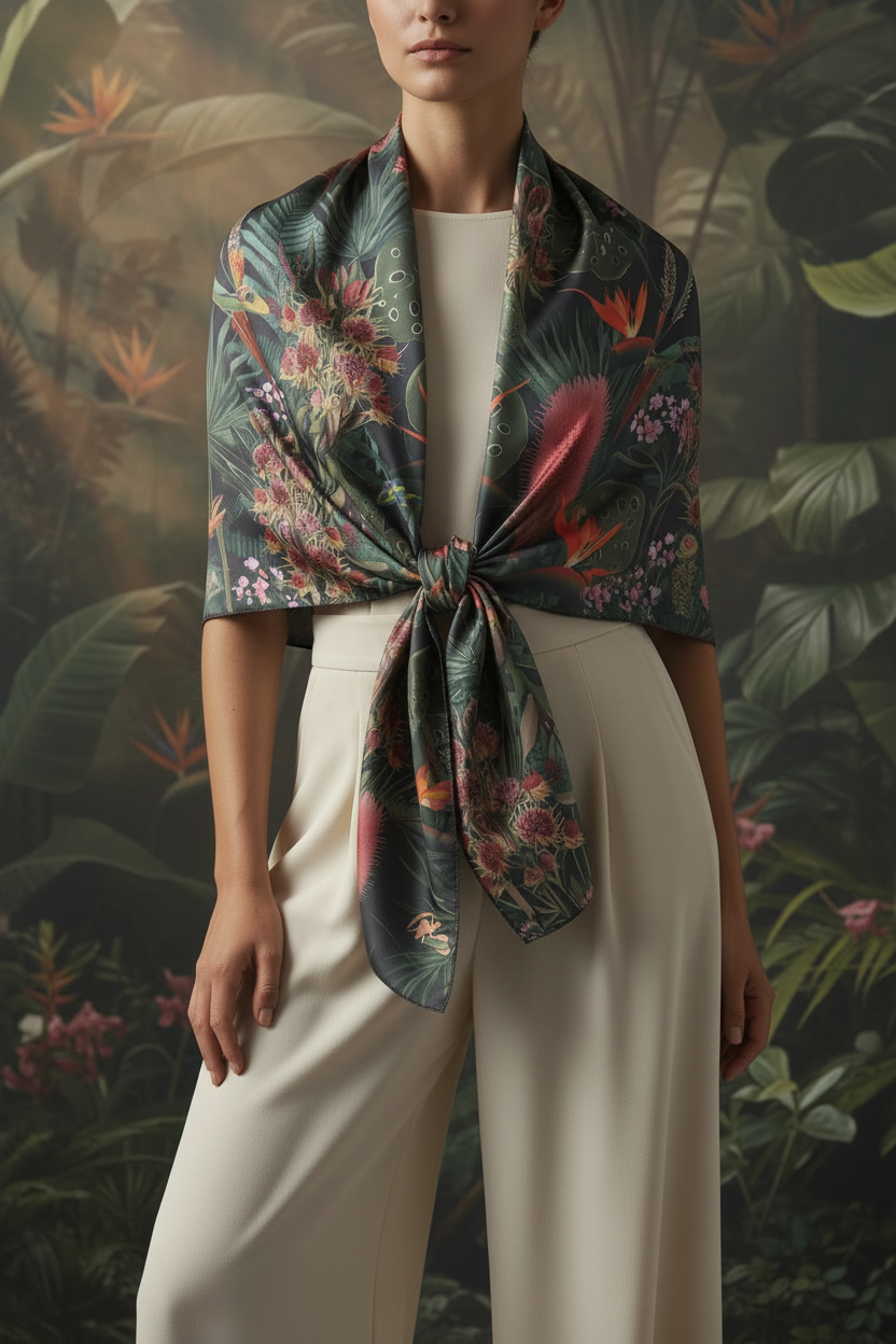 Botanical Flowers Pattern Silk-Look Scarf — Soft Floral Print