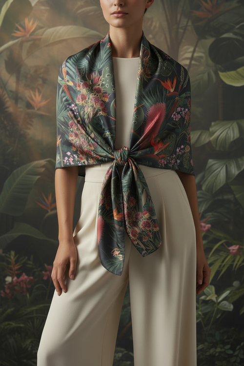Floral botanical scarf in dark green with multicolor blooms, tied at neck