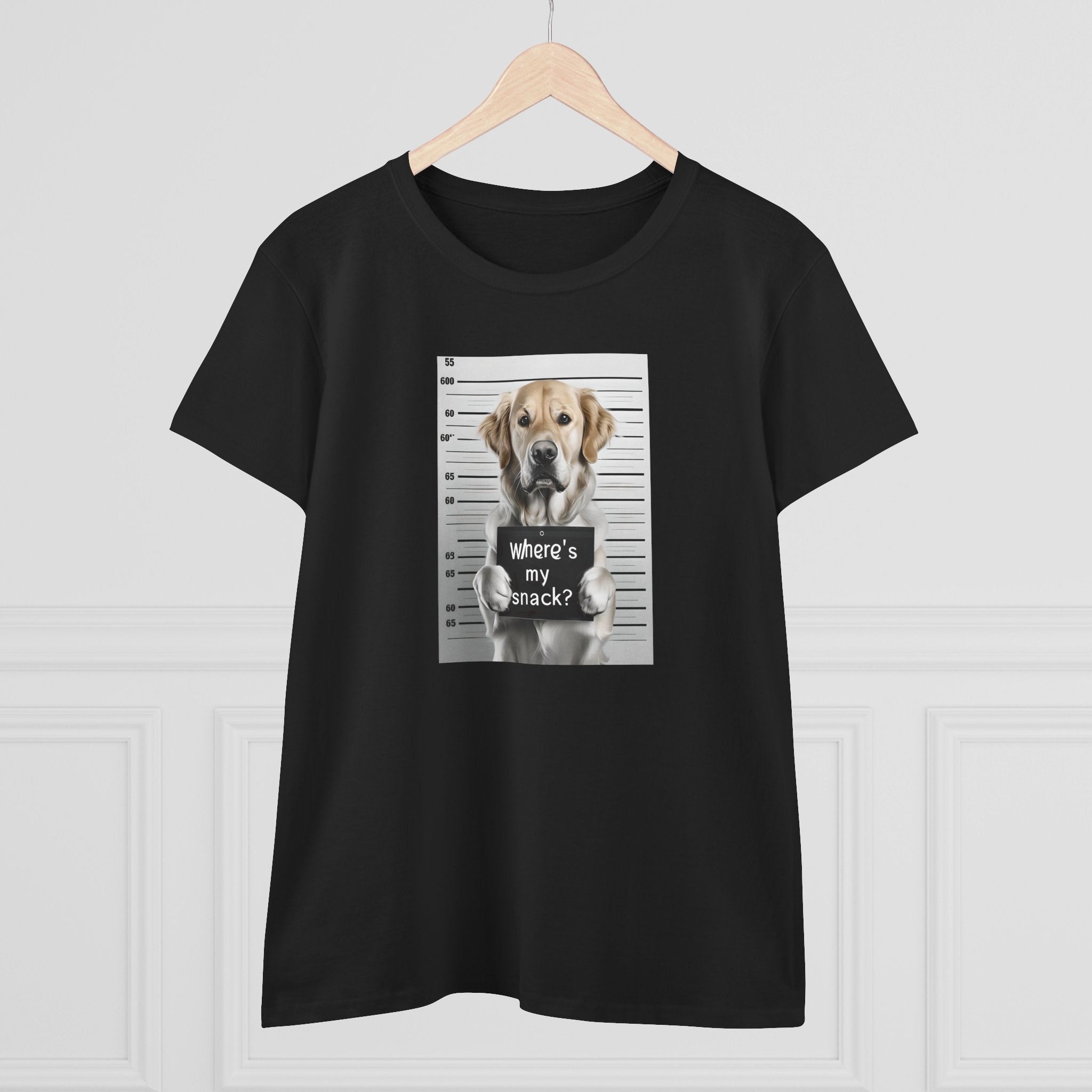 Black dog graphic T-shirt on hanger with “where’s my snack?” text in centered print