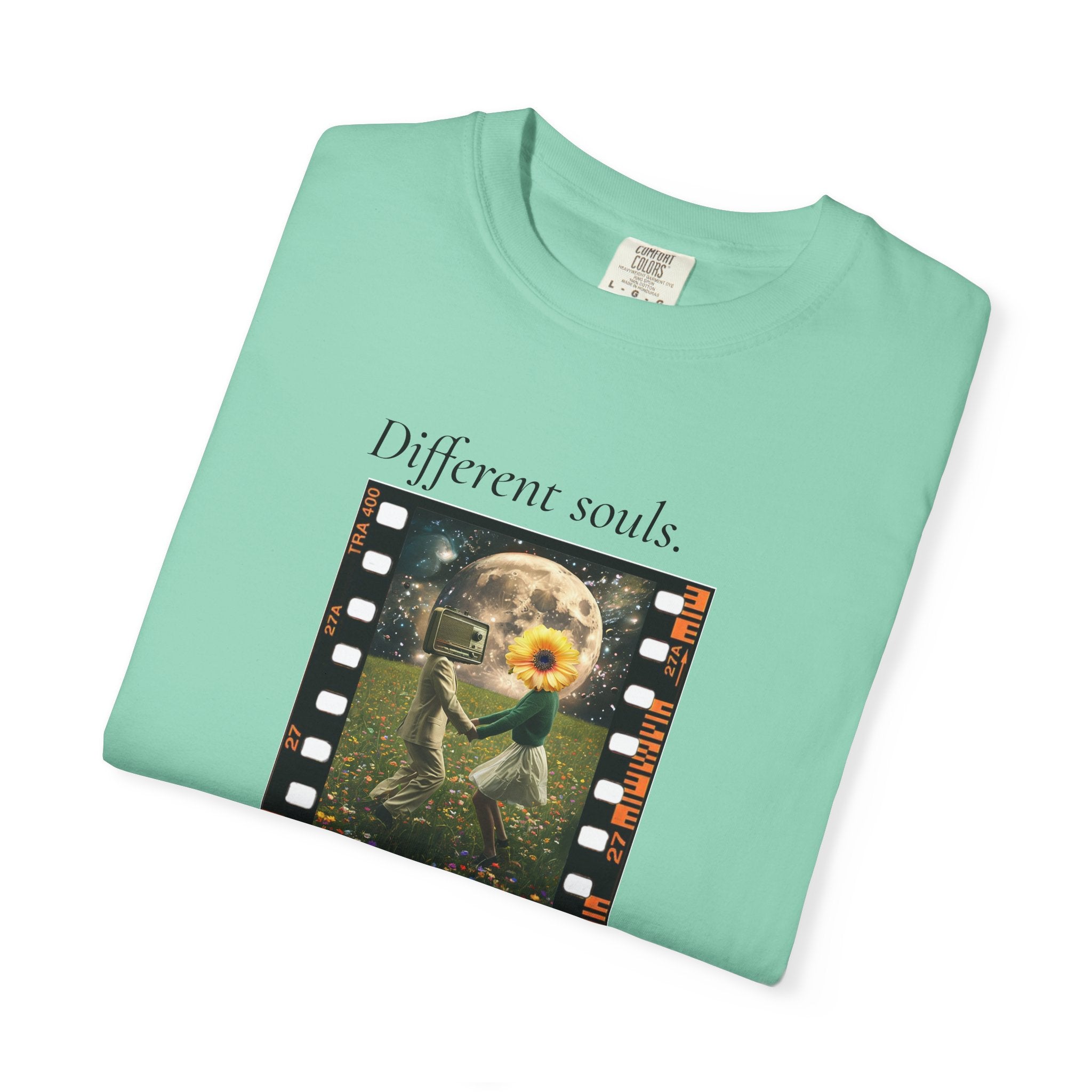 Teal crew-neck short-sleeve tee with front filmstrip sunflower graphic