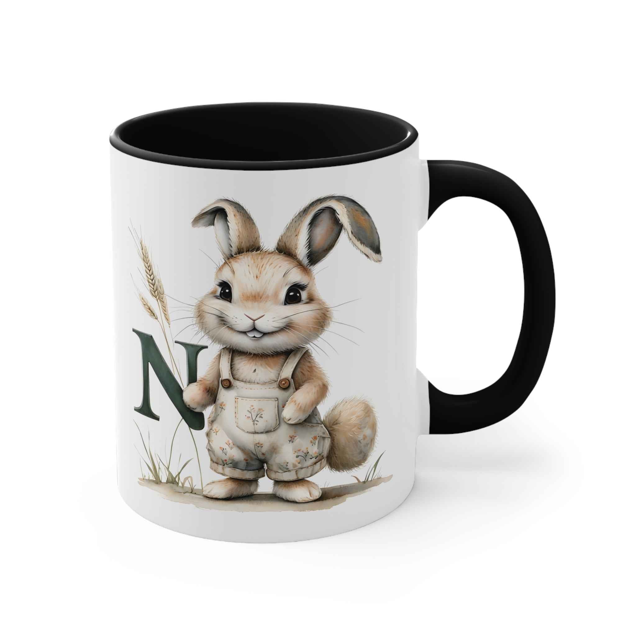 Whimsical Letter N Bunny Accent Mug | Cute Rabbit Coffee Cup for Easter, Spring Decor, Gift for Kids, Animal Lover, Unique Ceramic Mug