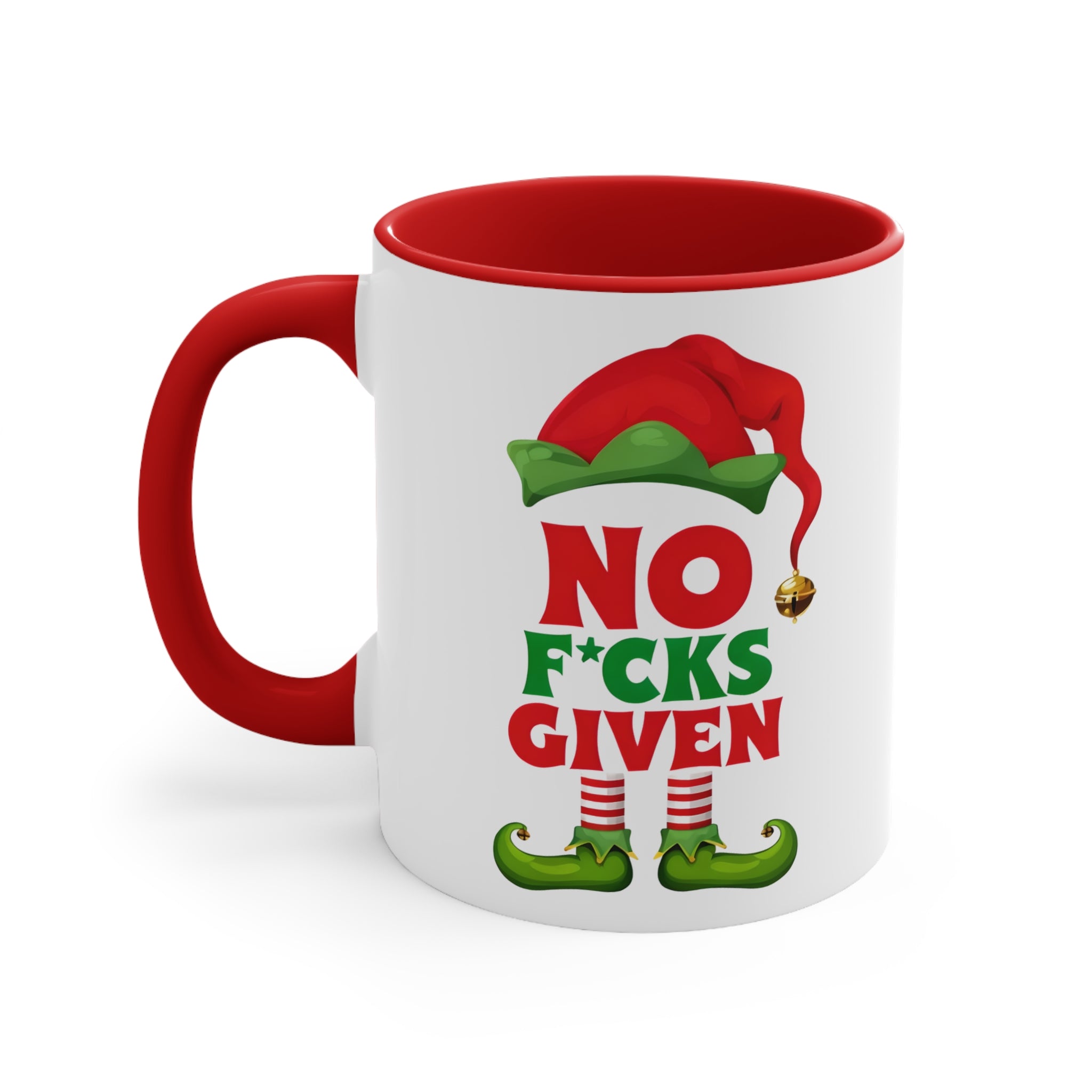 White mug with red handle and rim, elf graphic and 'NO F*CKS GIVEN' text.
