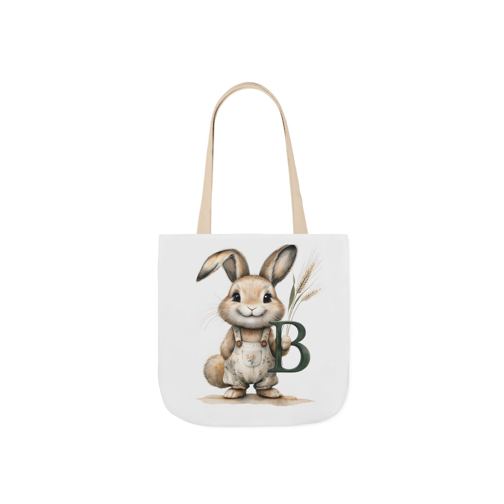 Canvas tote bag with bunny graphic and green letter B, beige straps