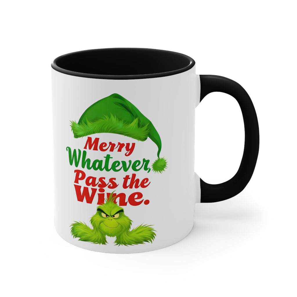 White mug with black rim and handle, green holiday character, 'Merry Whatever Pass the Wine.'
