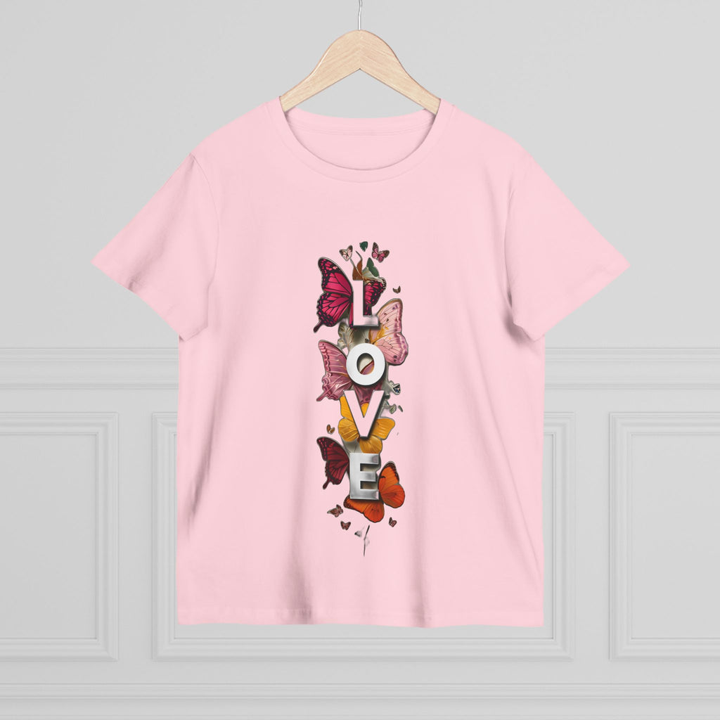 Pink women's graphic tee with front LOVE letters and butterfly artwork.