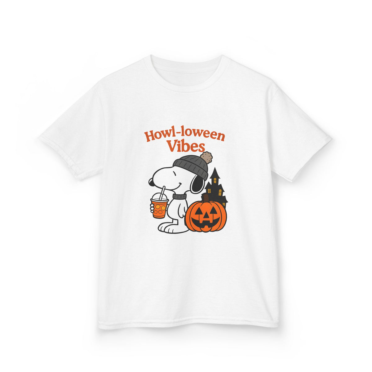 Kids white Howl-oween Vibes graphic T-shirt with pumpkin and skyline design