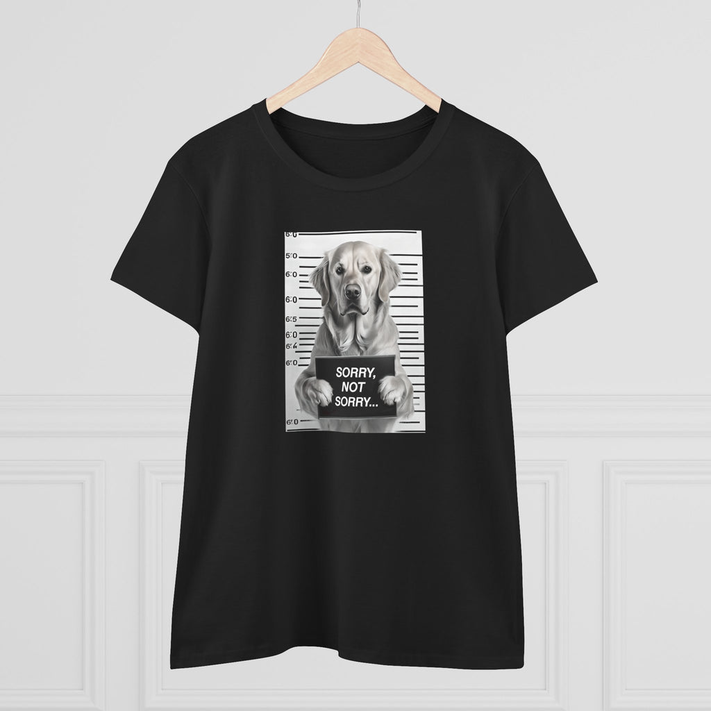 Black cotton T-shirt with grayscale dog mugshot print, 'SORRY NOT SORRY...'