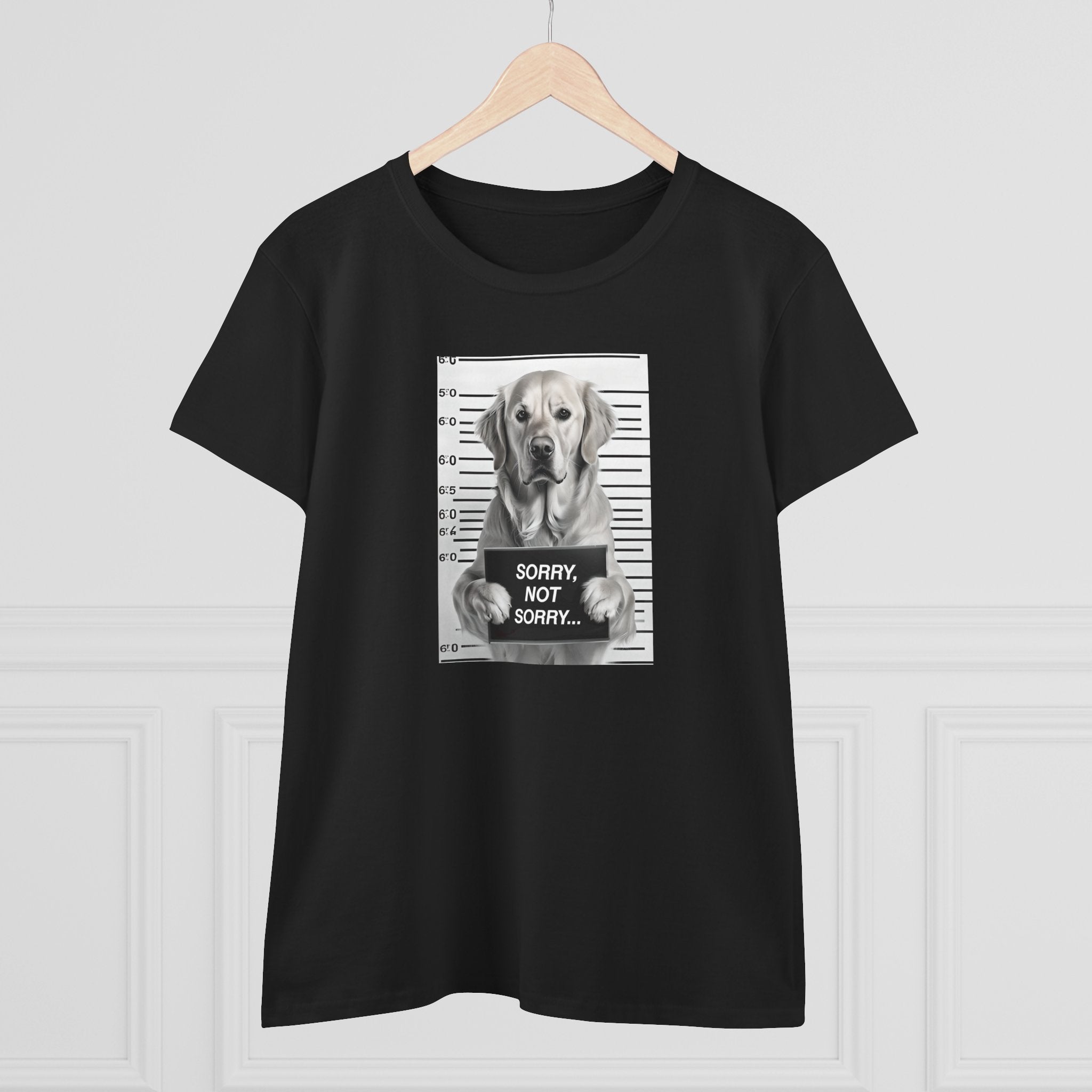 Black cotton T-shirt with grayscale dog mugshot print, 'SORRY NOT SORRY...'