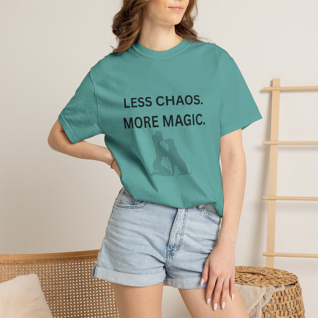 Less Chaos, More Magic T-Shirt — Woman + Dog Silhouette Graphic Tee