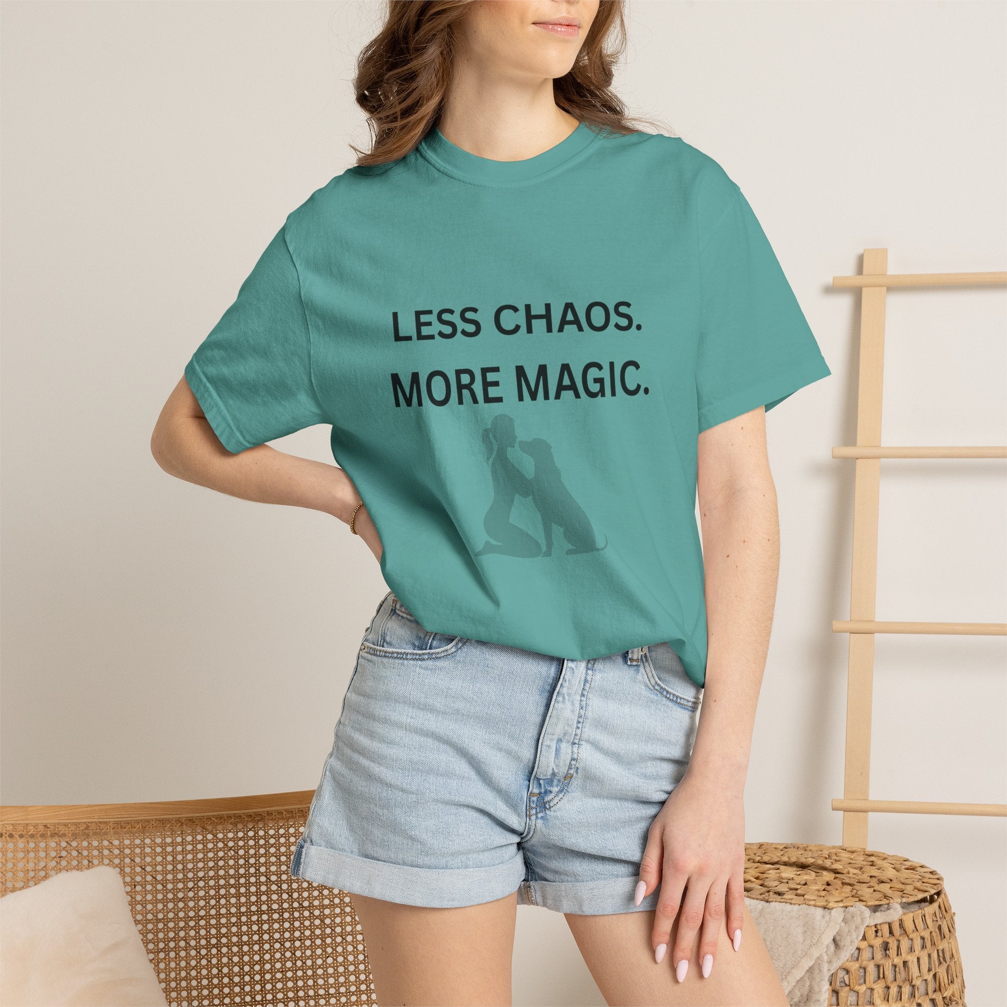 Less Chaos, More Magic T-Shirt — Woman + Dog Silhouette Graphic Tee