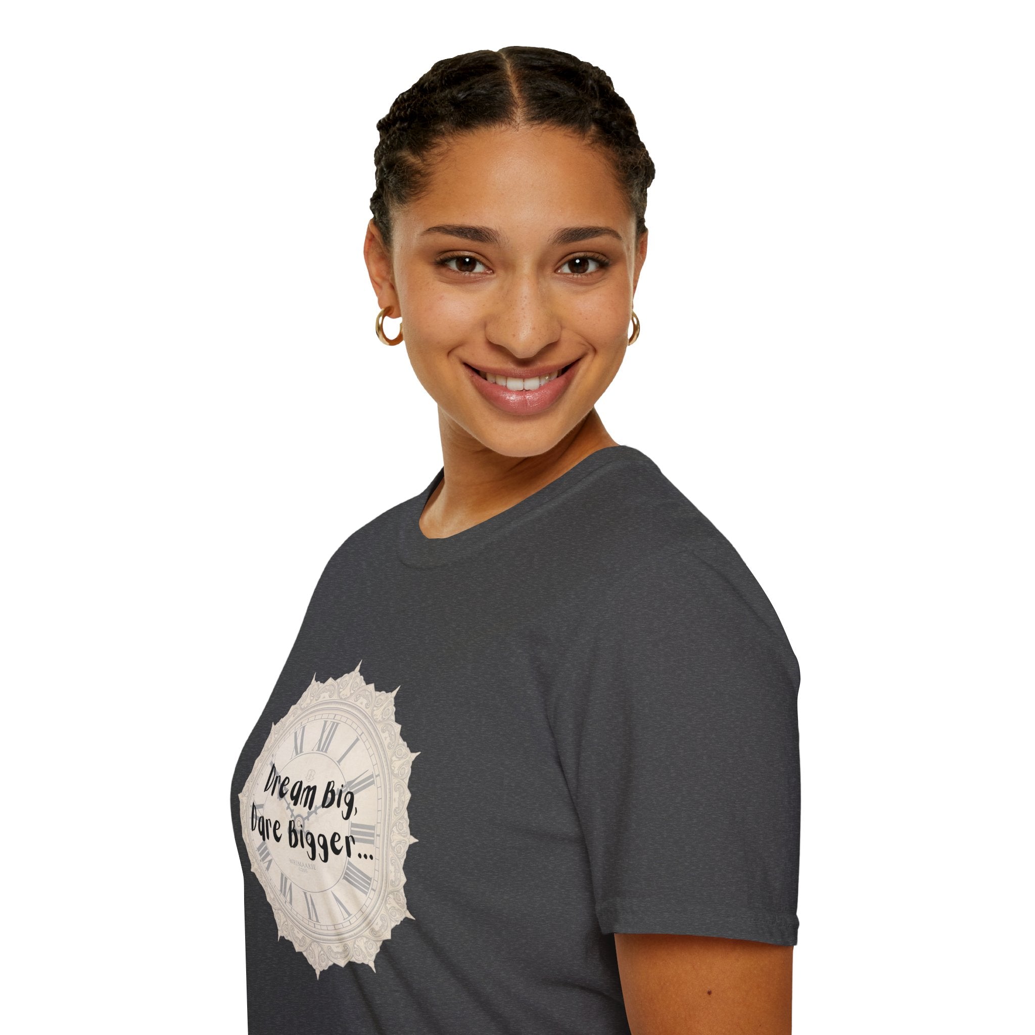 Dark gray T-shirt worn by model, cream clock graphic on left chest.