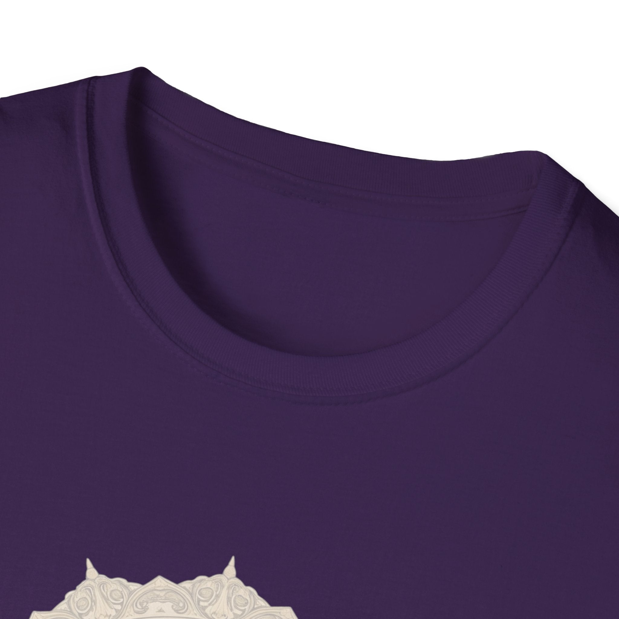 Purple T-shirt crew neckline close-up, smooth fabric