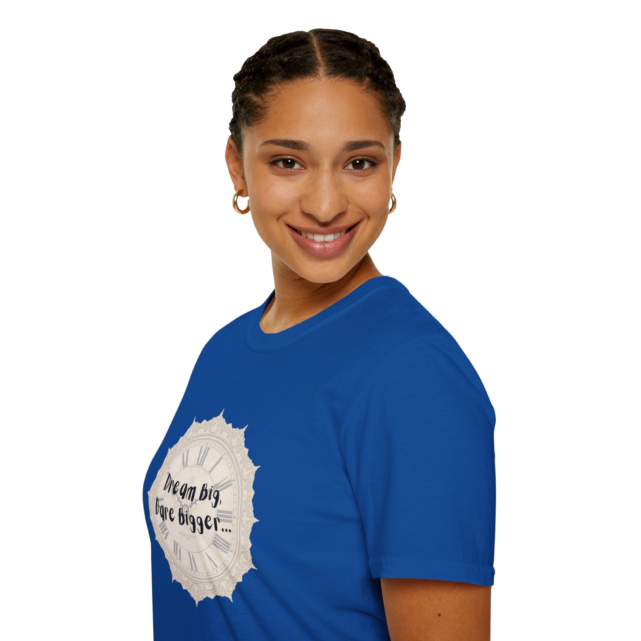 Blue crewneck T-shirt with clock graphic and "Dream big, dare bigger..." on front