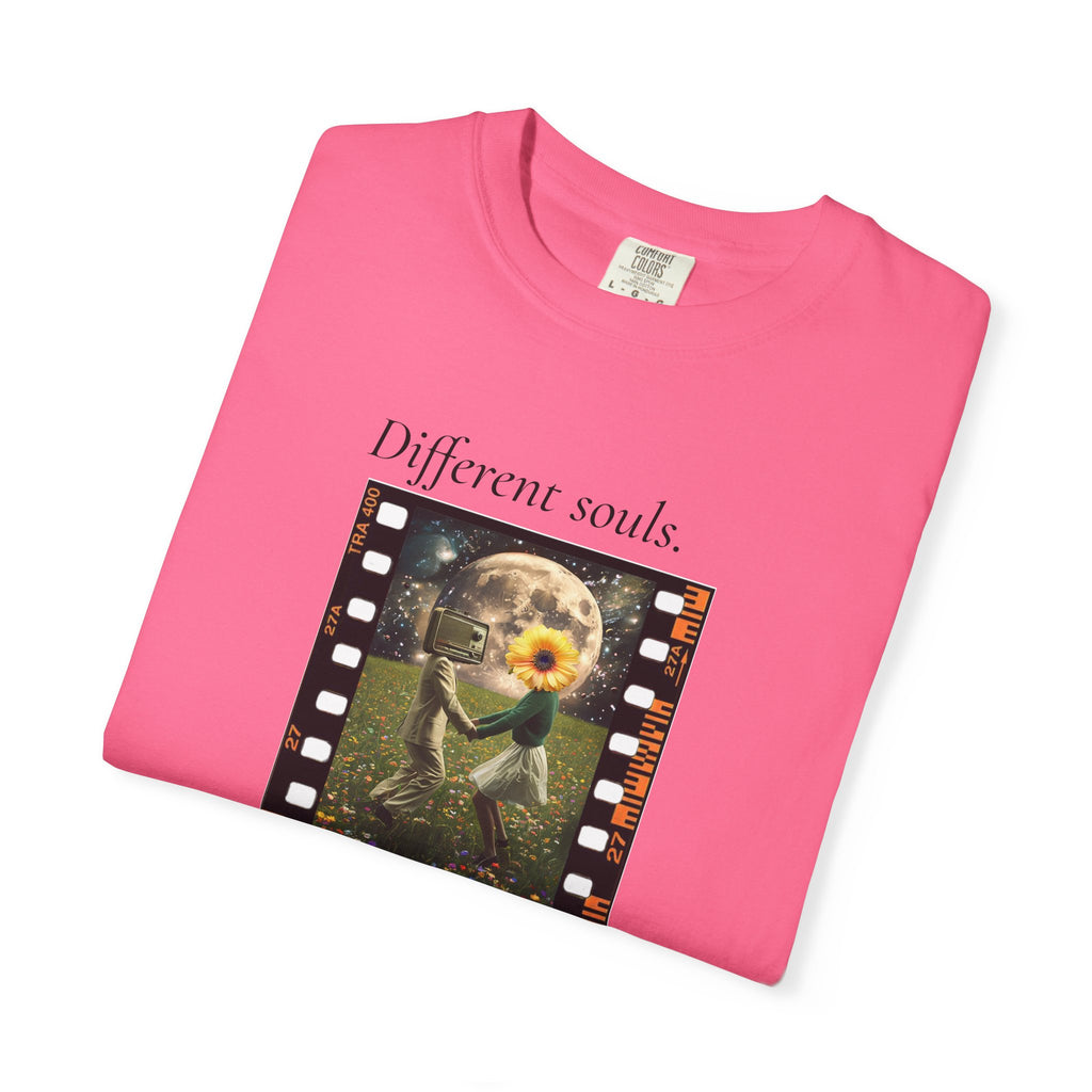 Pink crewneck graphic tee with movie-frame artwork and flower character