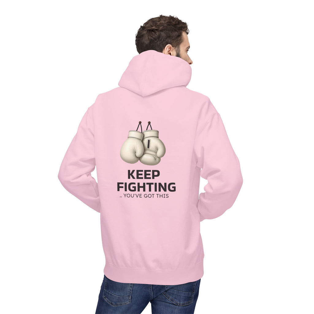 Pink pullover hoodie back view with KEEP FIGHTING slogan and boxing gloves graphic.