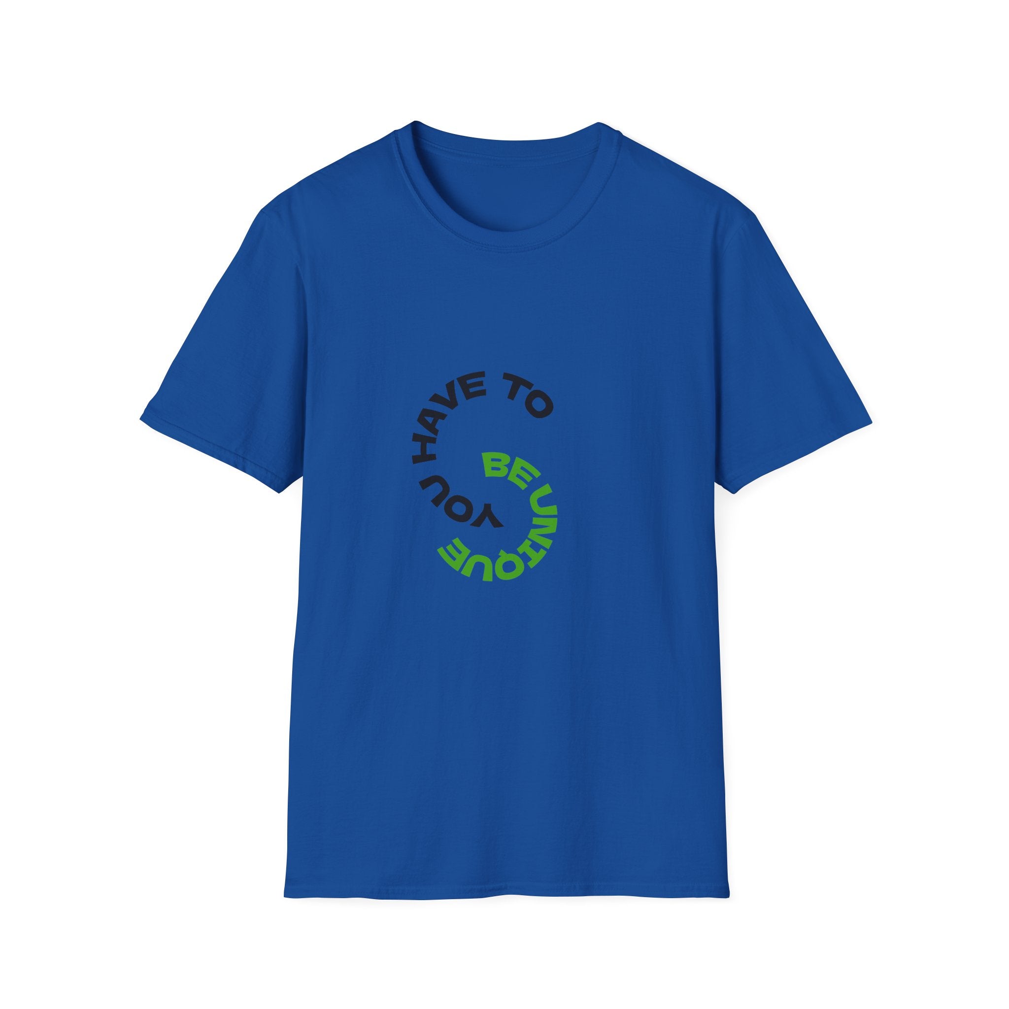 Unisex graphic T-shirt in royal blue with circular typographic logo on chest