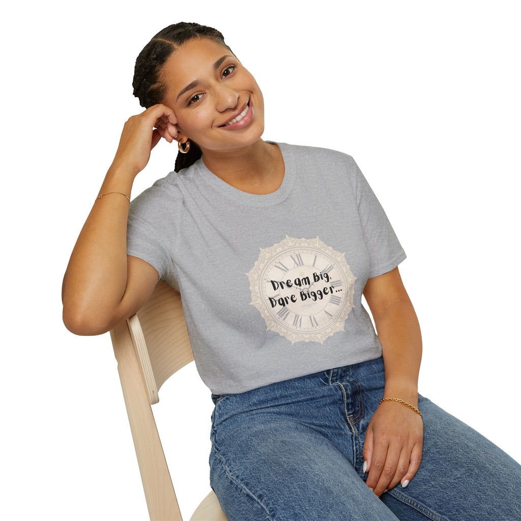 Heather gray crewneck T-shirt with beige clock graphic and "Dream Big, Dare Bigger" text