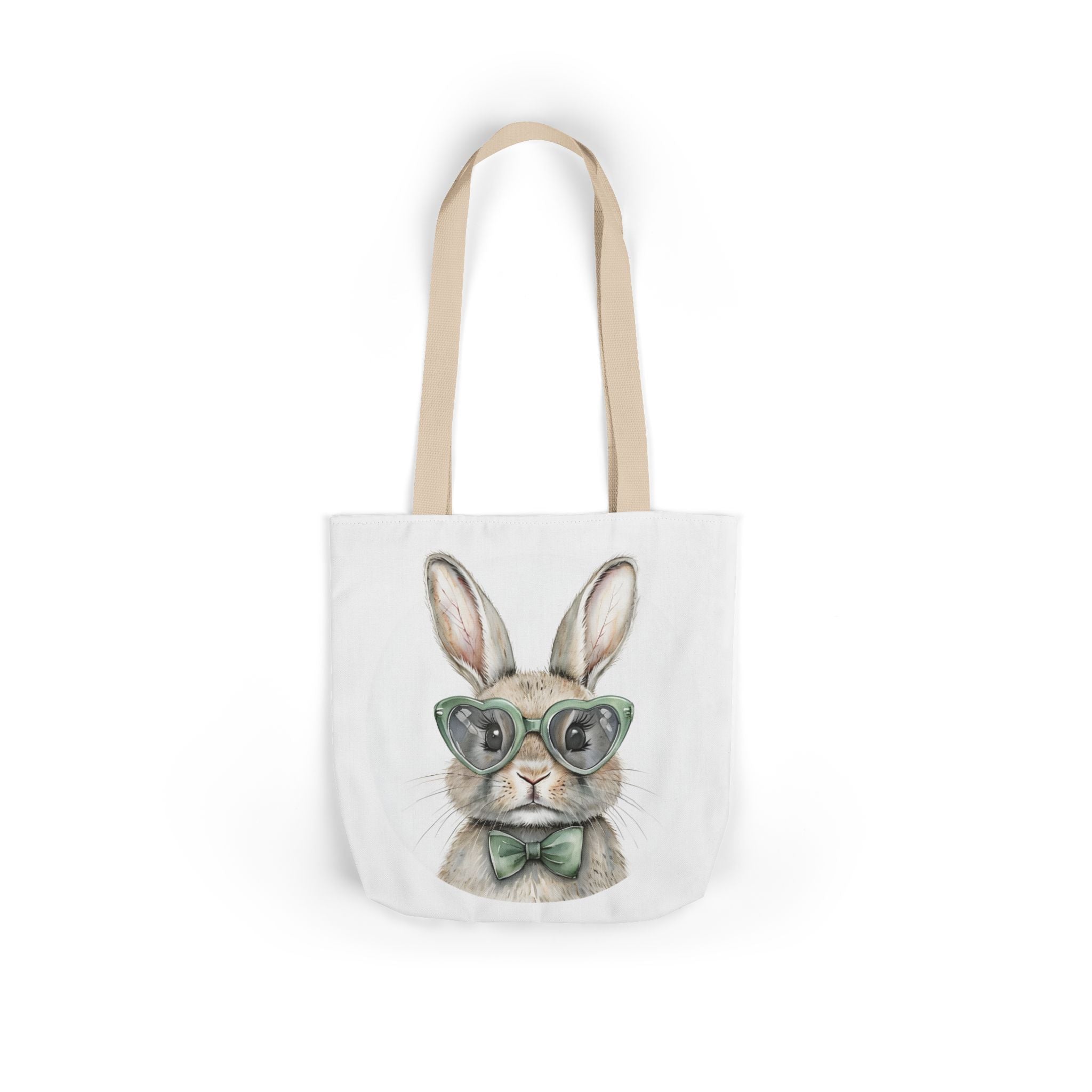 Canvas tote bag with bunny face print and light-beige long handles