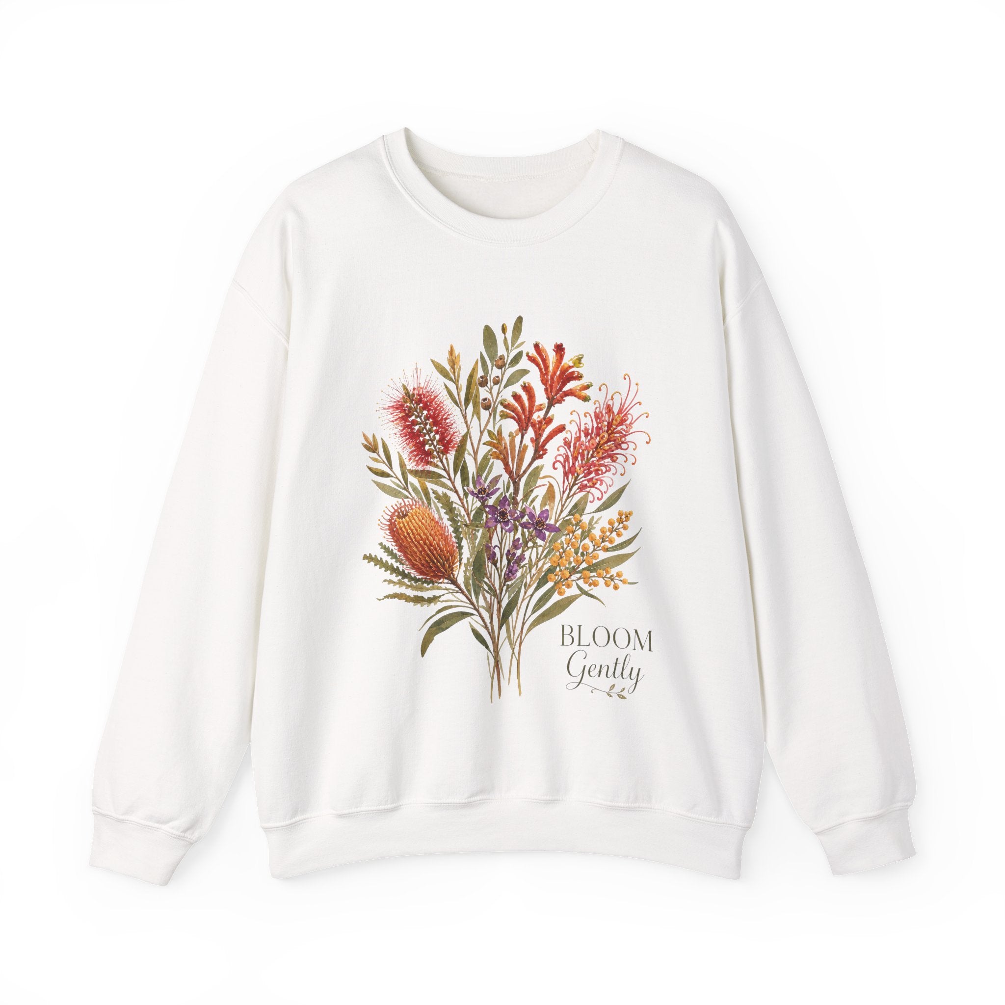 Floral bouquet sweatshirt, white crewneck with colorful botanical bouquet graphic