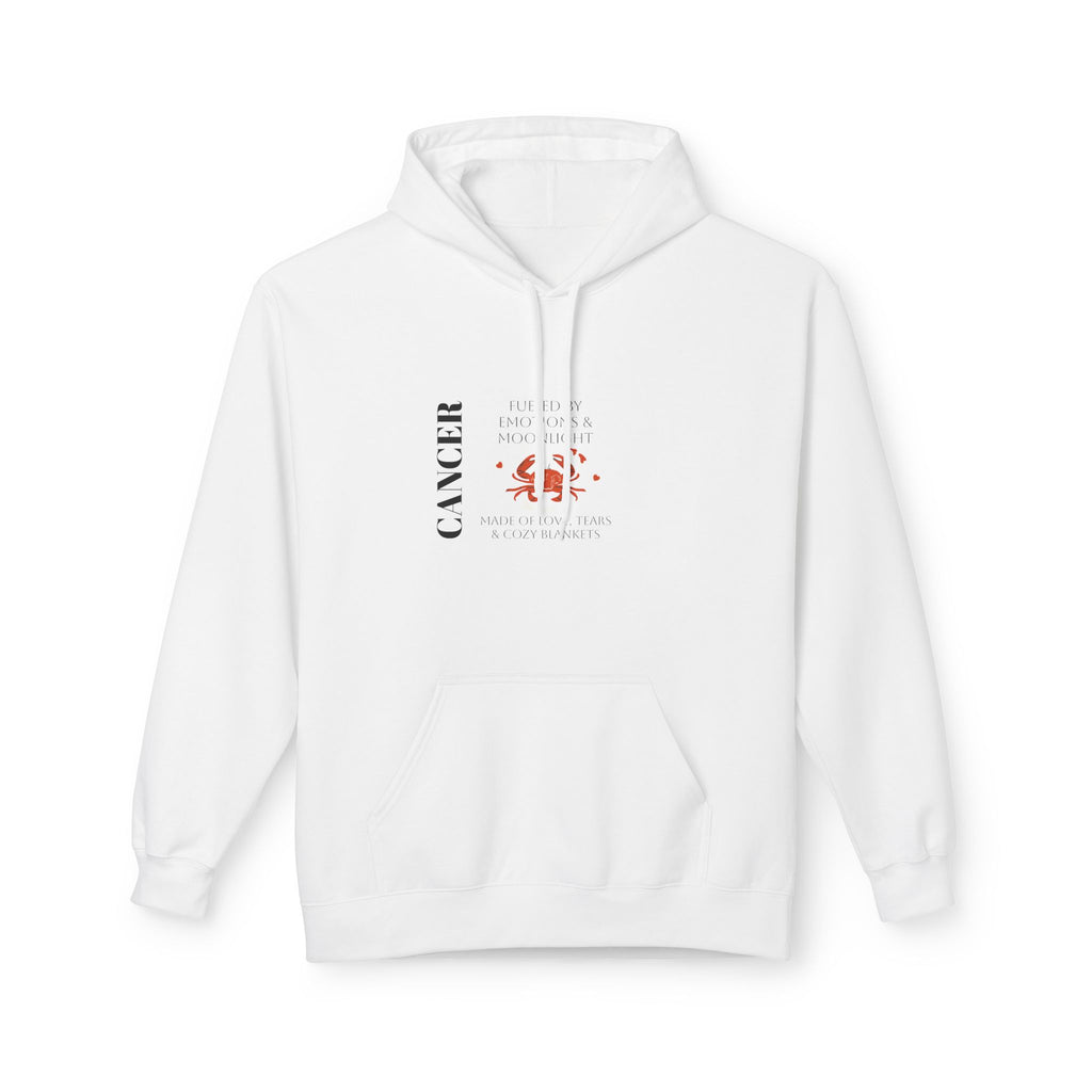 White hoodie, front view, with hood and kangaroo pocket; Cancer constellation graphic on chest