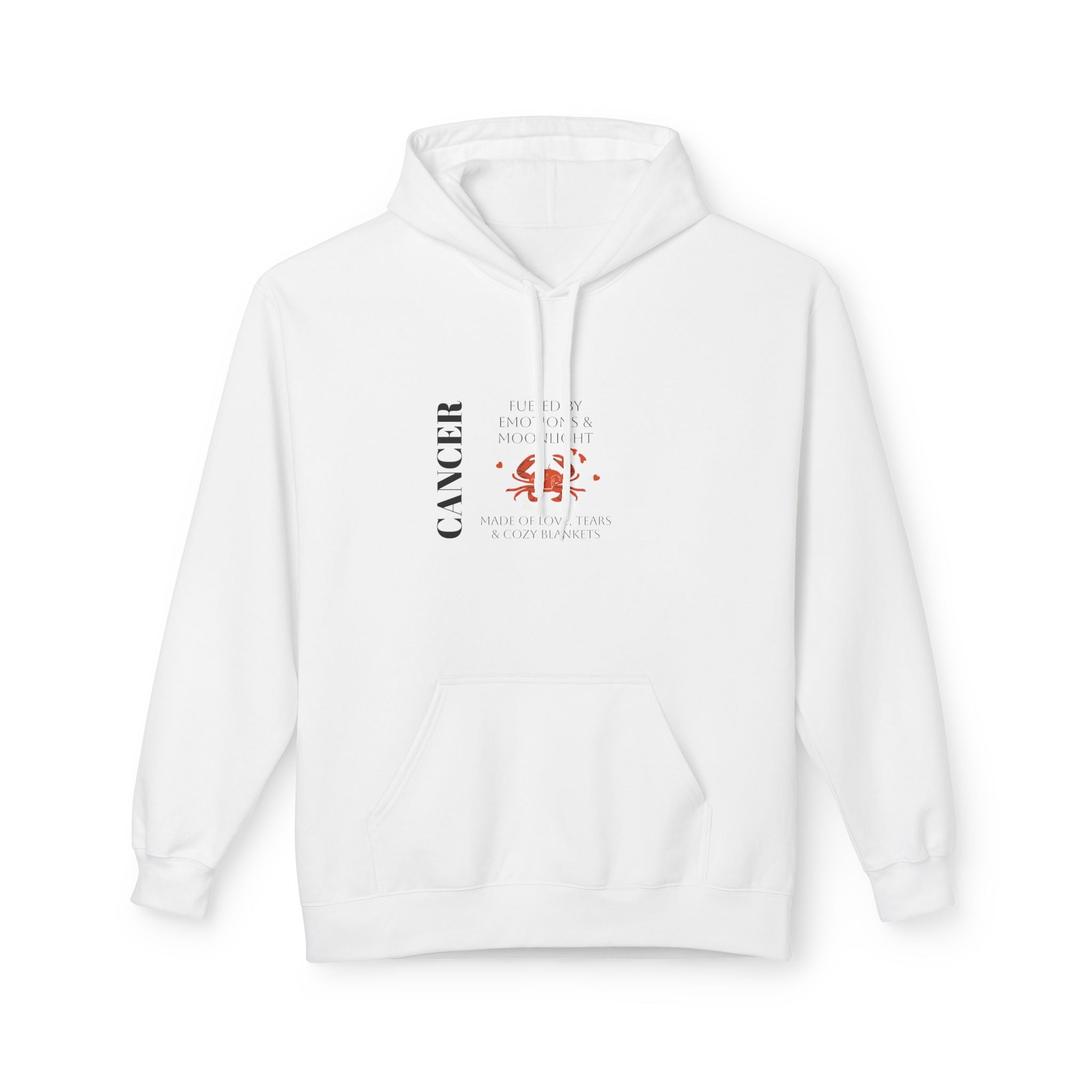 White hoodie, front view, with hood and kangaroo pocket; Cancer constellation graphic on chest