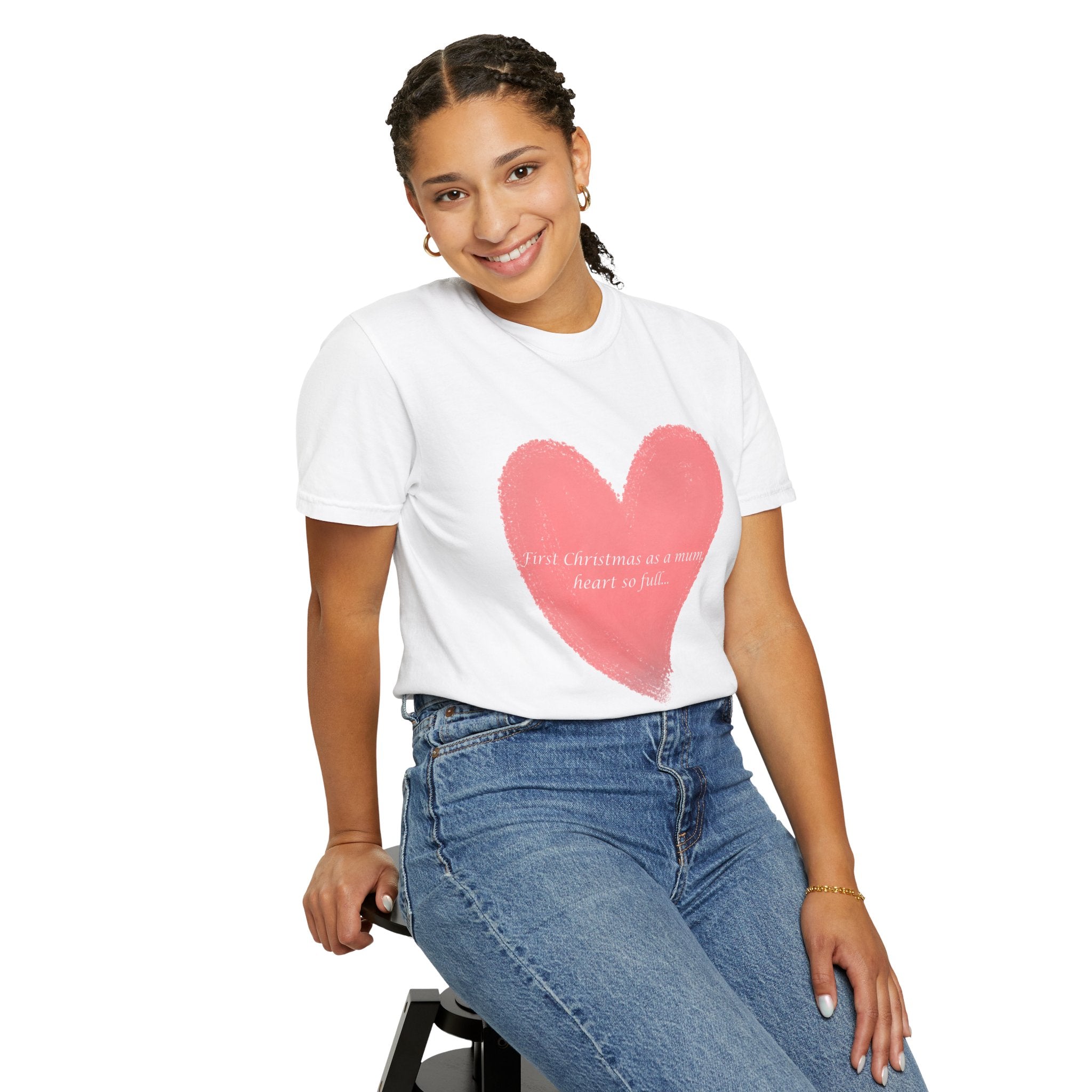 White crewneck T-shirt with pink heart brushstroke graphic and cursive “First Christmas as a mum”