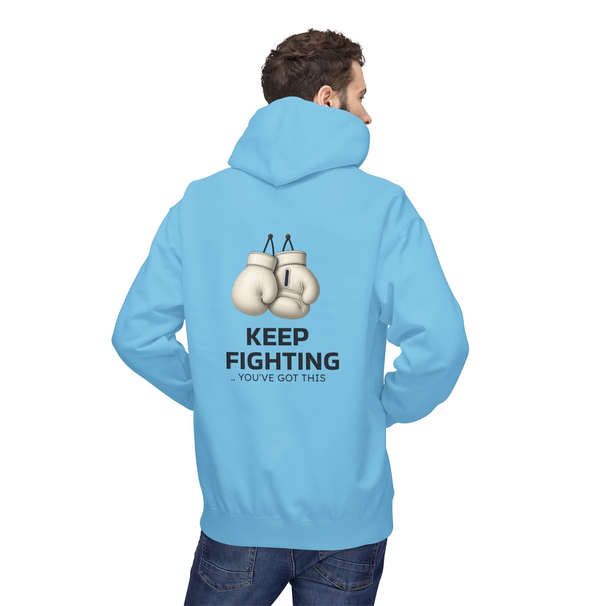 Blue pullover hoodie with back print: KEEP FIGHTING and boxing gloves graphic.