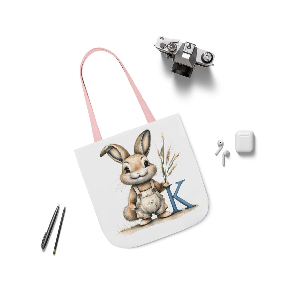 Whimsical Letter K Bunny Canvas Tote Bag, Perfect for Spring, Easter, Gardening, Eco-Friendly Shopping, Cute Animal Design