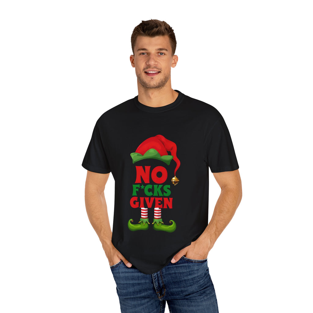 Black crew-neck T-shirt with elf graphic 'NO F*CKS GIVEN' front print