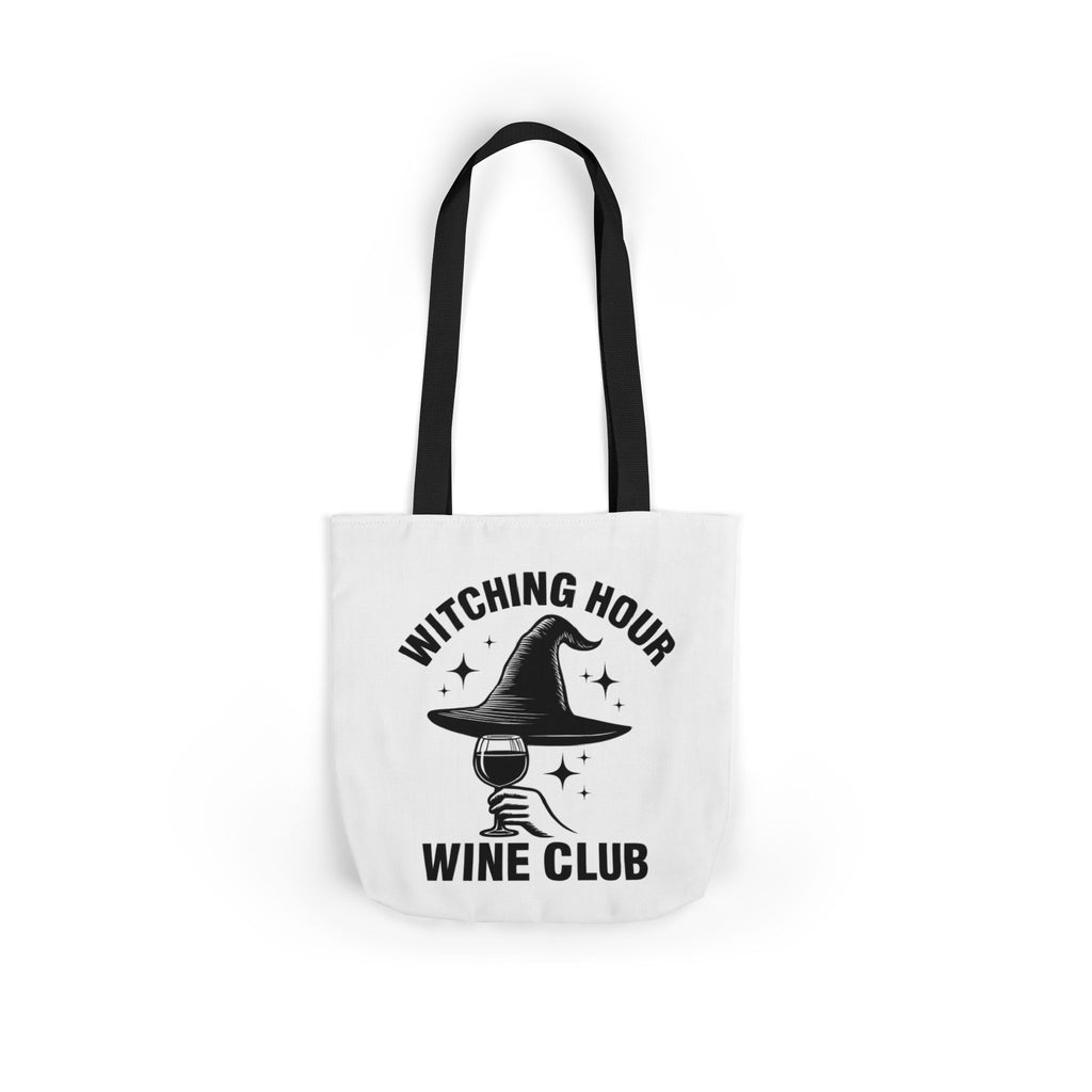 White canvas tote bag with black handles, witch silhouette and wine club logo print.
