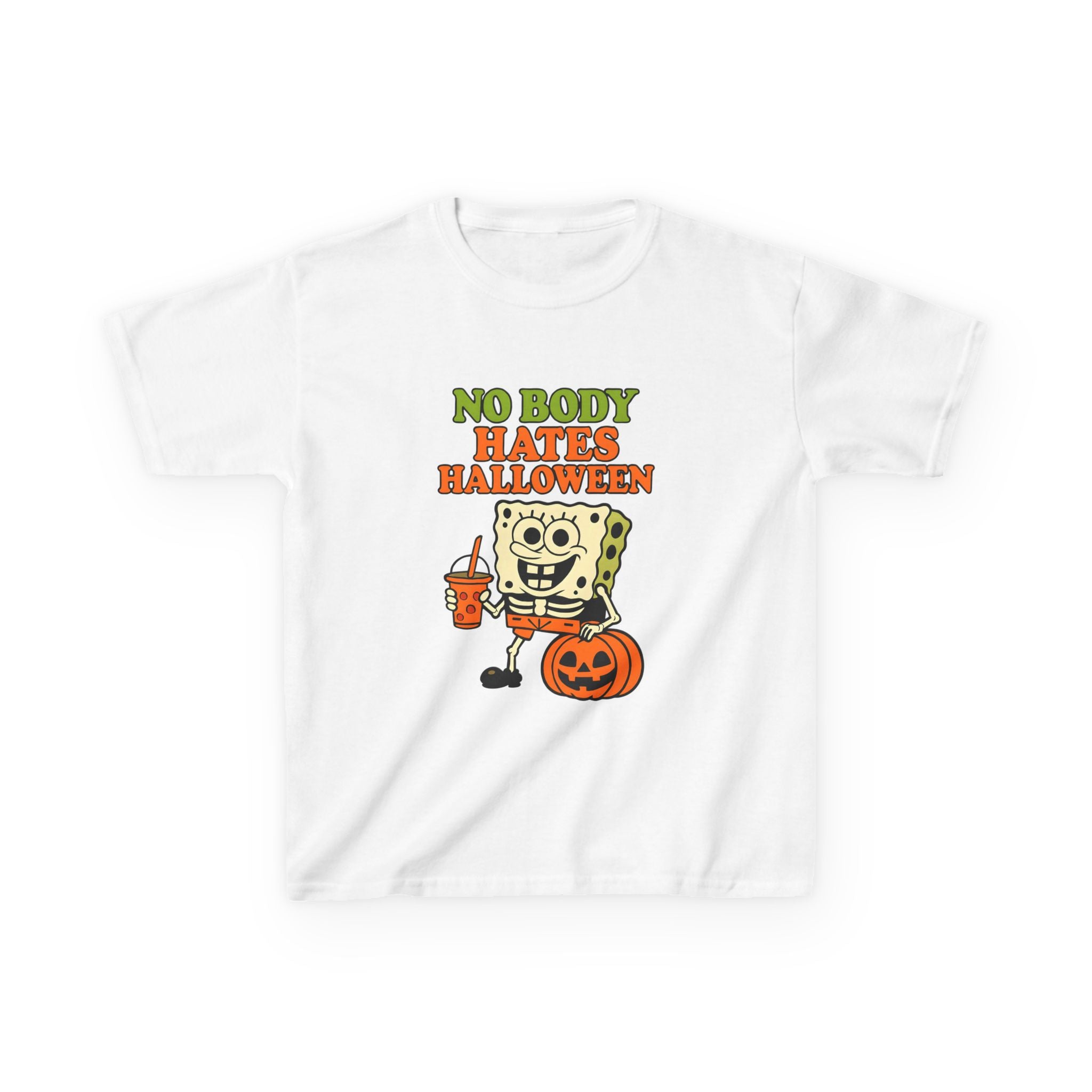 White kids Halloween graphic T-shirt with “NO BODY HATES HALLOWEEN” SpongeBob art