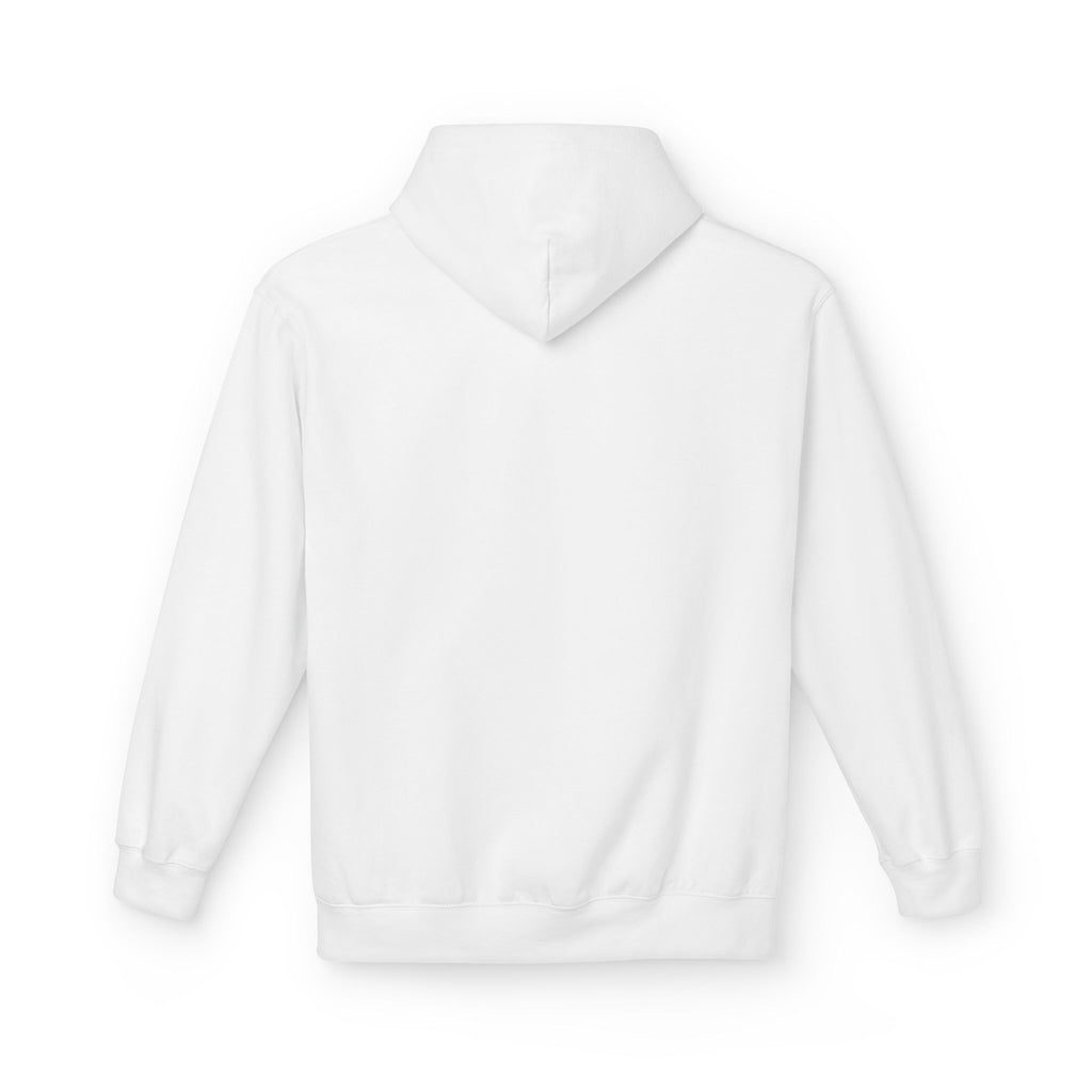 White pullover hoodie back view with hood and long sleeves