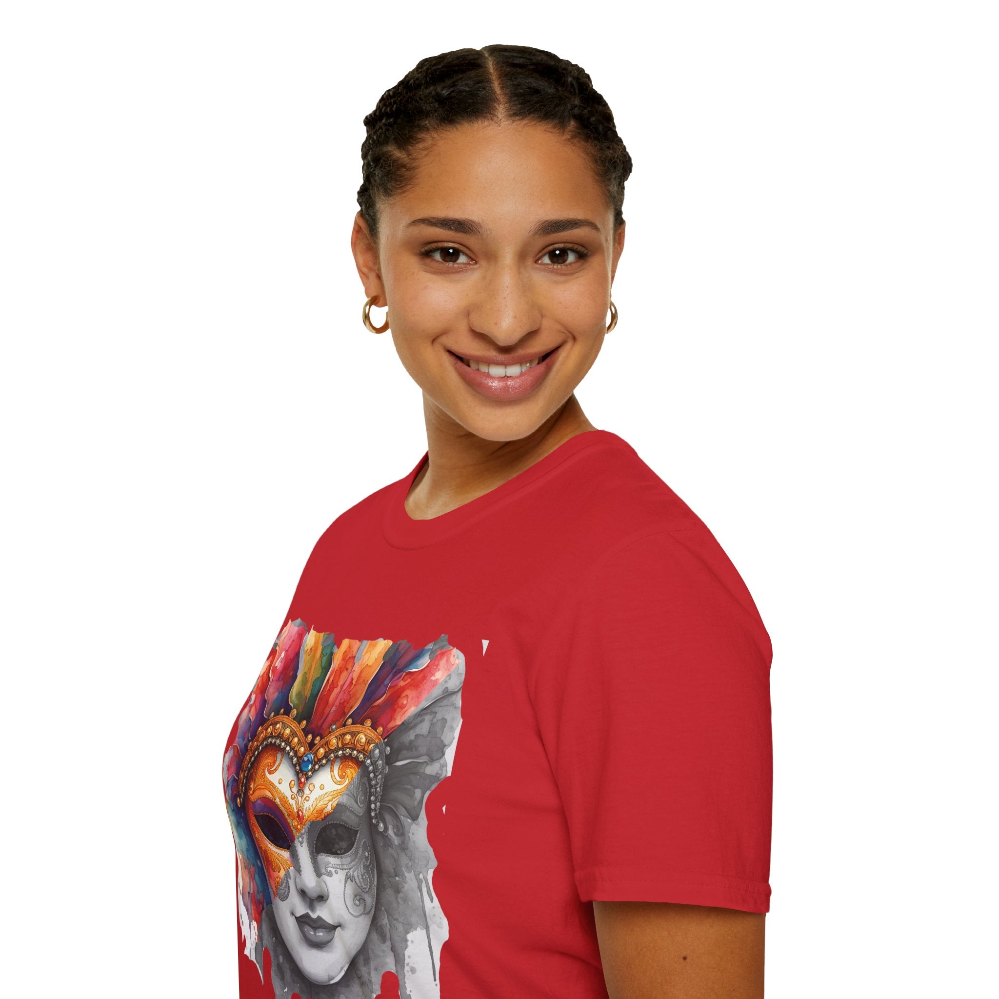 Red T-shirt with partial front masquerade mask face graphic