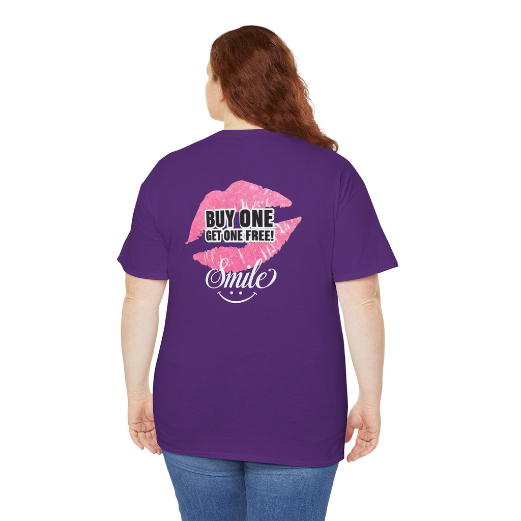 Smile Lip Print Tee — "Buy One Get One Free" Graphic T-Shirt Back Print