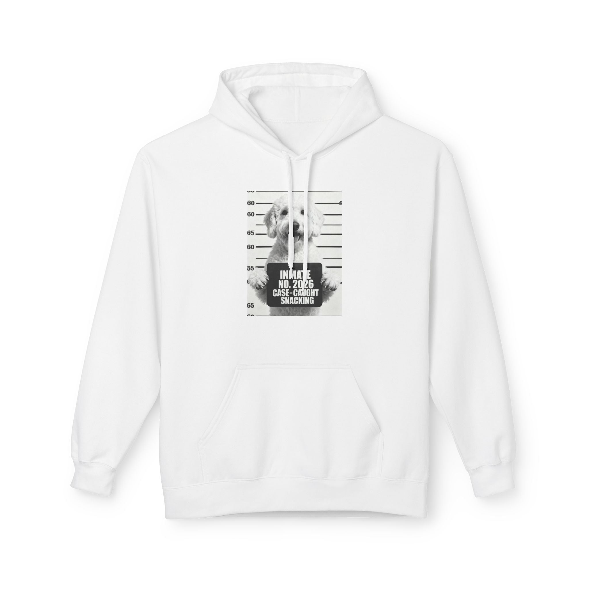 White hoodie with front dog mugshot graphic, kangaroo pocket, and drawstring hood
