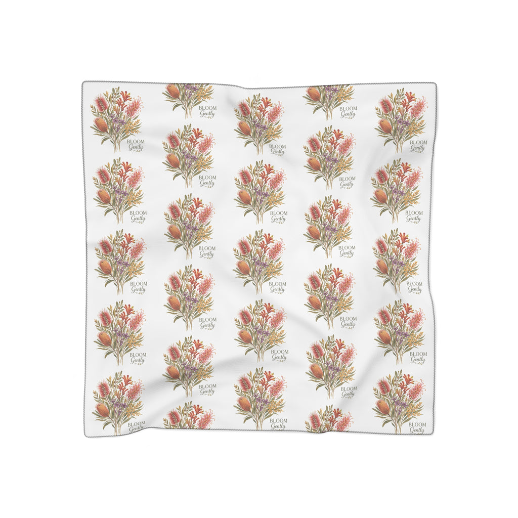 Floral bouquet poly scarf in white with coral, green and gold blooms, printed edge.