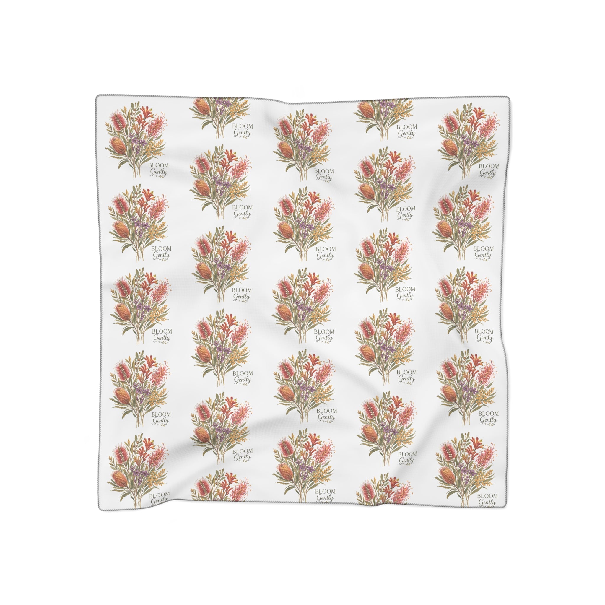 Floral bouquet poly scarf in white with coral, green and gold blooms, printed edge.