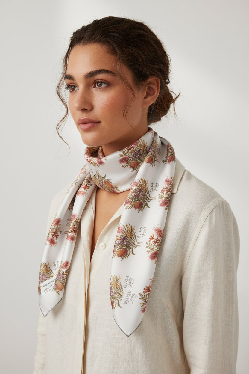 Floral bouquet poly scarf worn around neck; white base with coral, green and gold blooms.