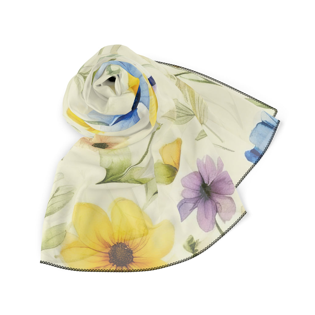 Yellow and Blue Pastel Floral Silk-Look Scarf — Soft Garden Print