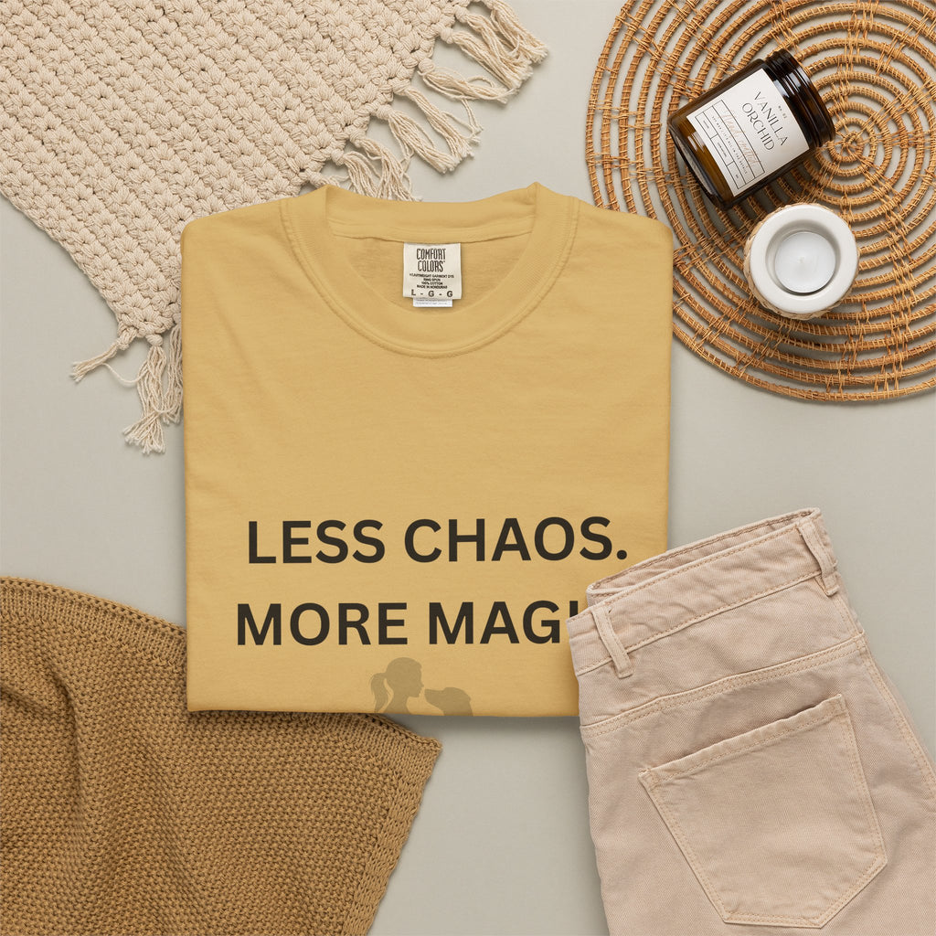 Less Chaos, More Magic T-Shirt — Woman + Dog Silhouette Graphic Tee