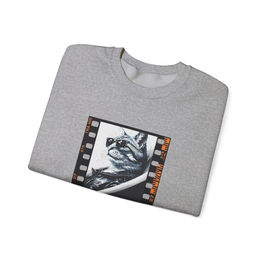 Sport grey crewneck sweatshirt with cat filmstrip graphic on the front, long sleeves