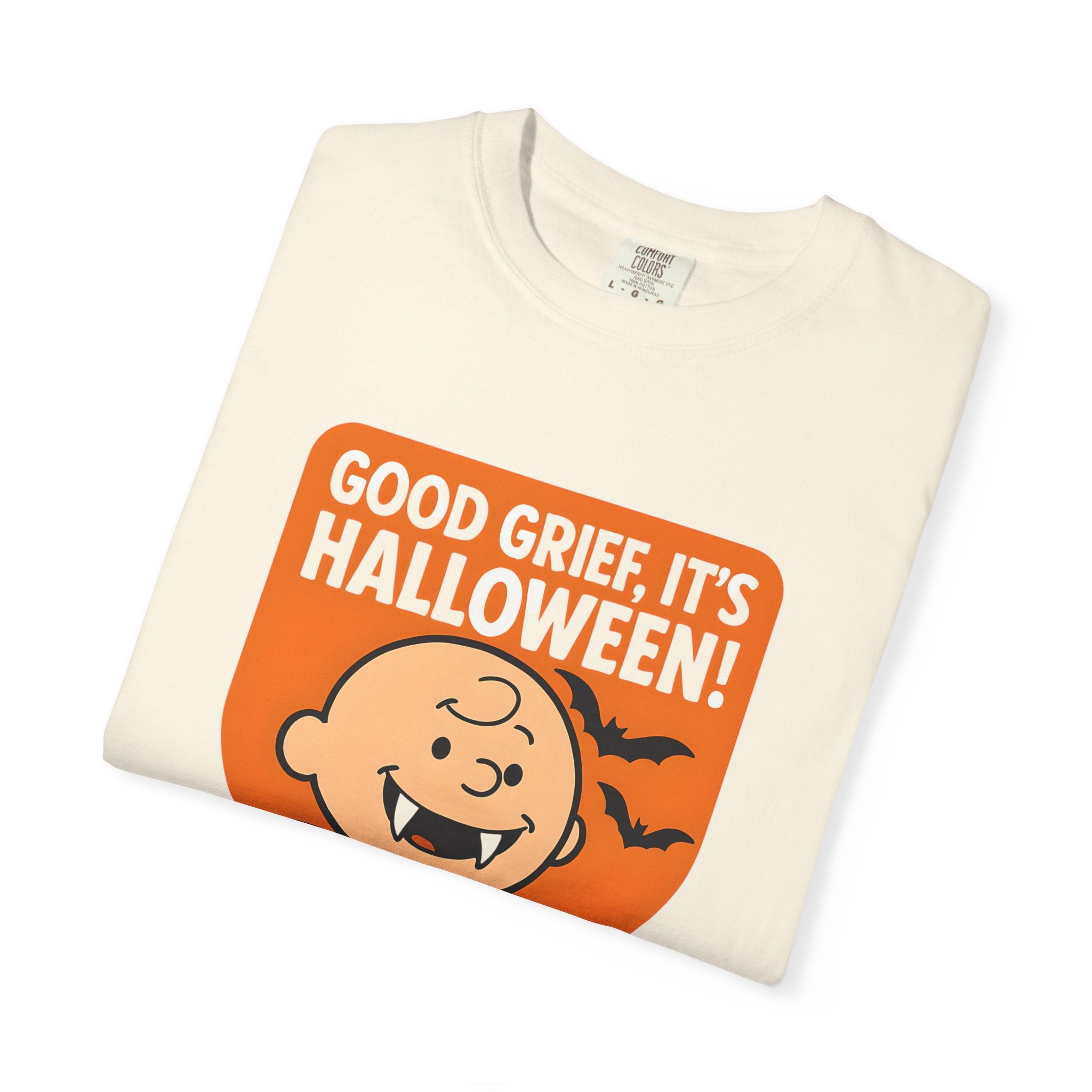 Ivory unisex T-shirt, front graphic close-up: Good Grief Halloween Charlie