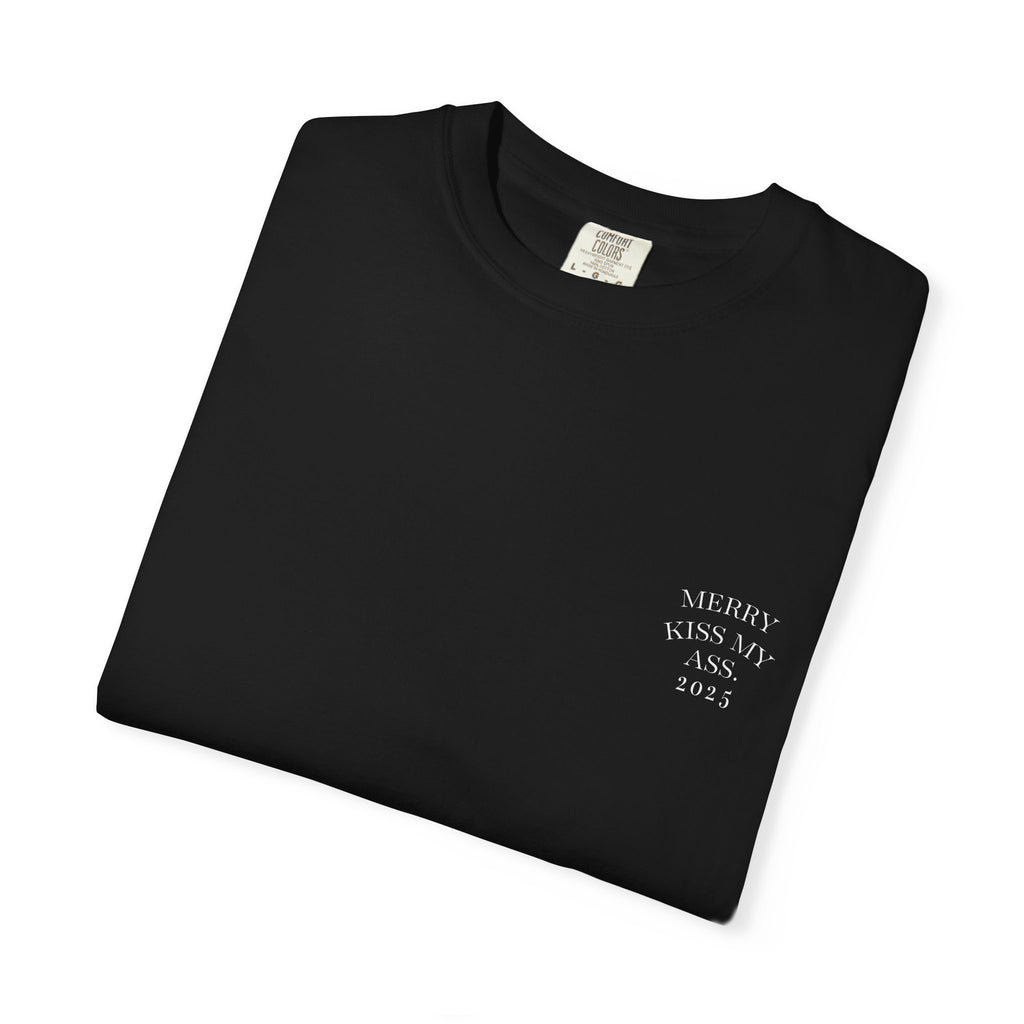 Unisex graphic T-shirt, black, front print 'Merry Kiss My Ass' 2025
